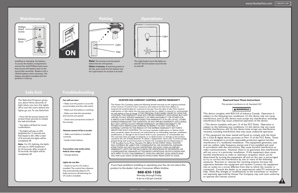 Troubleshooting safe-exit, Pairing, Operations maintenance | Hunter 99112 On/Off Control User Manual | Page 2 / 2