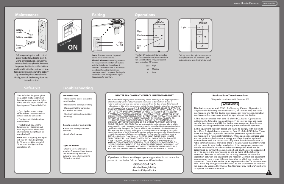 Troubleshooting safe-exit, Pairing, Operations maintenance | Hunter 99111 Wall Control User Manual | Page 2 / 2