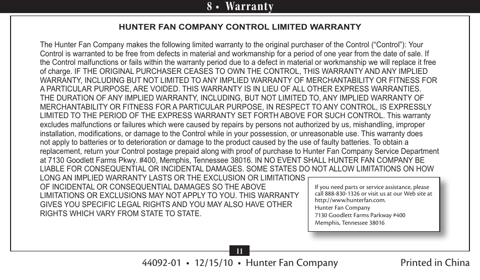 8 • warranty, Printed in china | Hunter 27208 Fan/Light Universal User Manual | Page 11 / 11