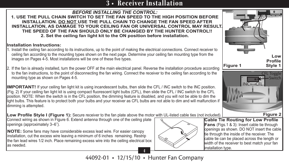 3 • receiver installation | Hunter 27208 Fan/Light Universal User Manual | Page 4 / 11