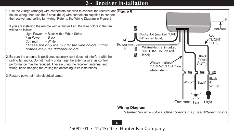 3 • receiver installation | Hunter 27208 Fan/Light Universal User Manual | Page 6 / 11