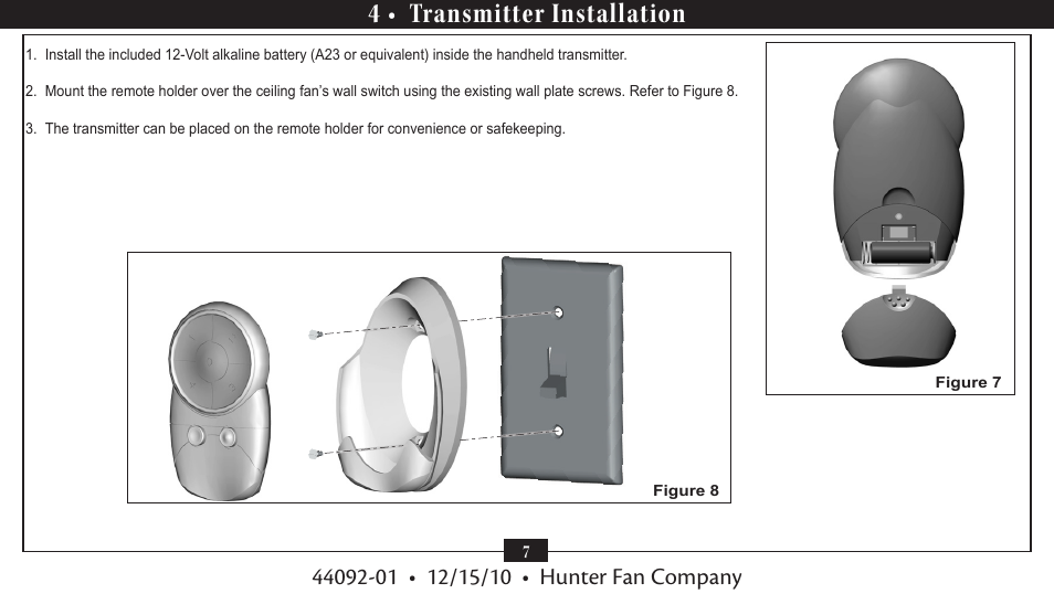 4 • transmitter installation | Hunter 27208 Fan/Light Universal User Manual | Page 7 / 11