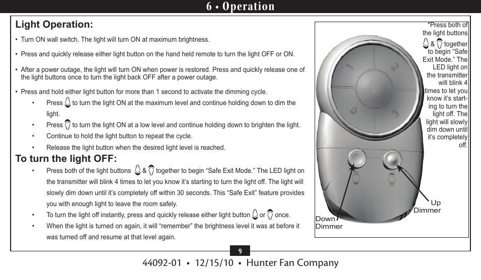 6 • operation, Light operation | Hunter 27208 Fan/Light Universal User Manual | Page 9 / 11