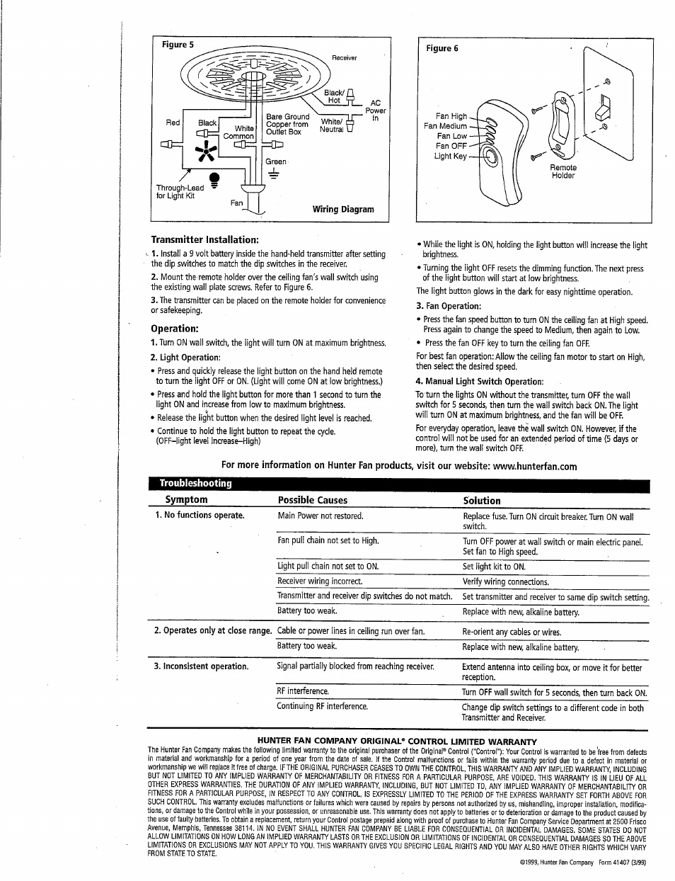 Hunter 27187 Original Fan/Light Control User Manual | Page 2 / 2