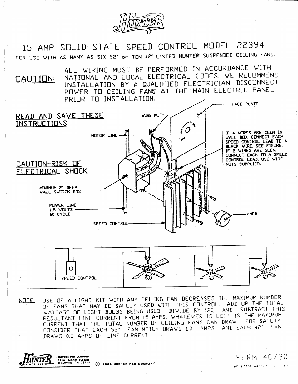 Hunter 22394 Original Multiple Fan Speed Wall Control User Manual | 1 page