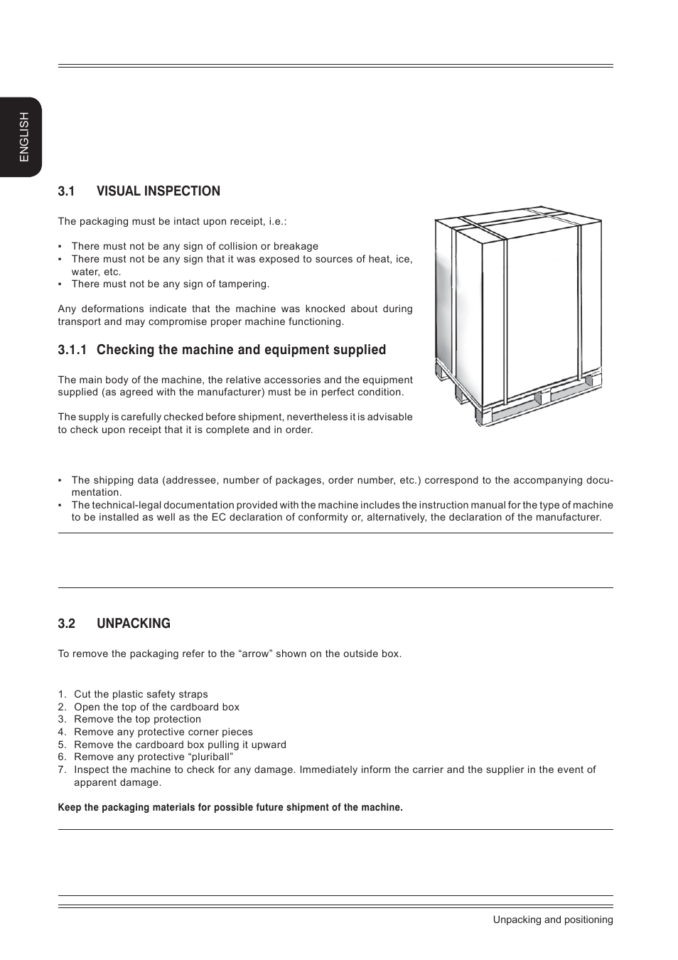 Unpacking and positioning, 1 visual inspection, 1 checking the machine and equipment supplied | 2 unpacking | CEMB USA ER85 Installation Manual User Manual | Page 6 / 12