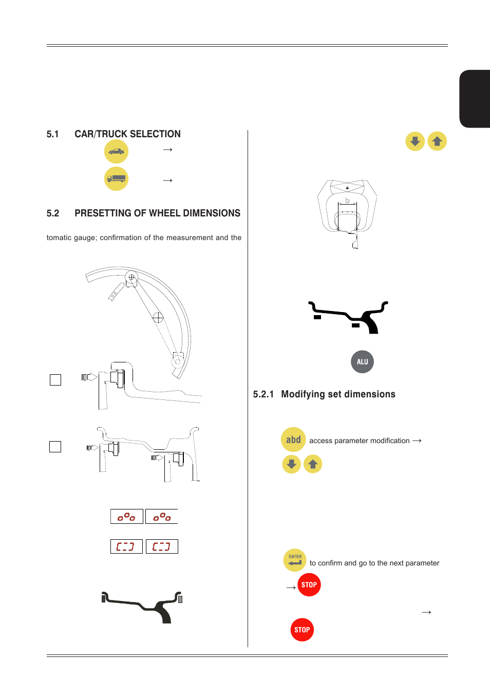 5 use of the wheel balancer, 1 car/truck selection, 2 presetting of wheel dimensions | 1 modifying set dimensions | CEMB USA C212 User Manual User Manual | Page 9 / 20