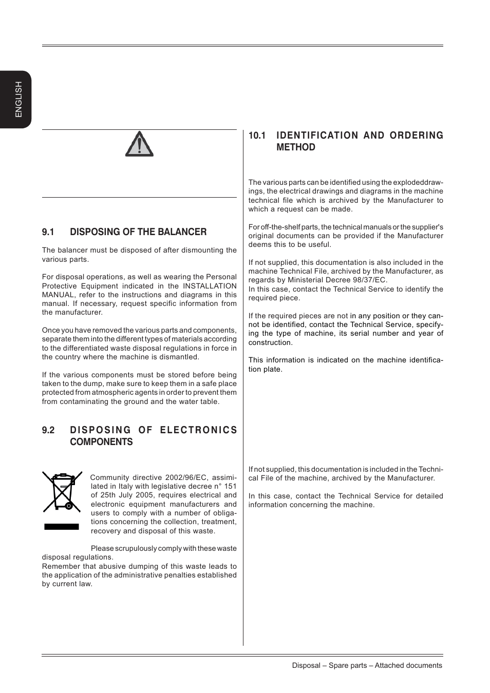 Disposal 10, Spare parts, Attached documentation | 1 disposing of the balancer, 1 identification and ordering method | CEMB USA C29 User Manual User Manual | Page 16 / 16