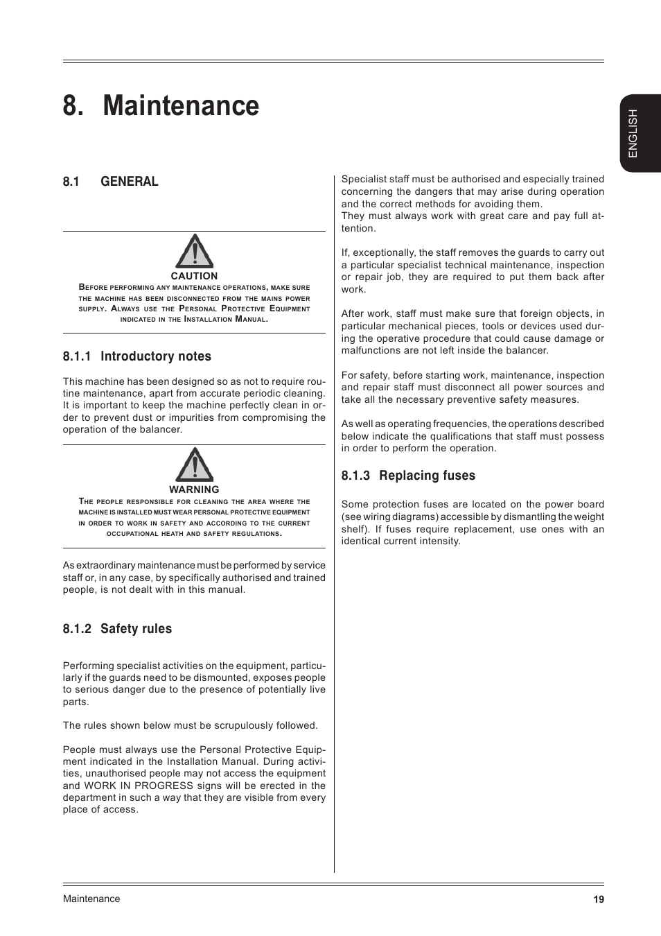 Maintenance, 1 general, 2 safety rules | 3 replacing fuses, English | CEMB USA K9 User Manual | Page 19 / 20