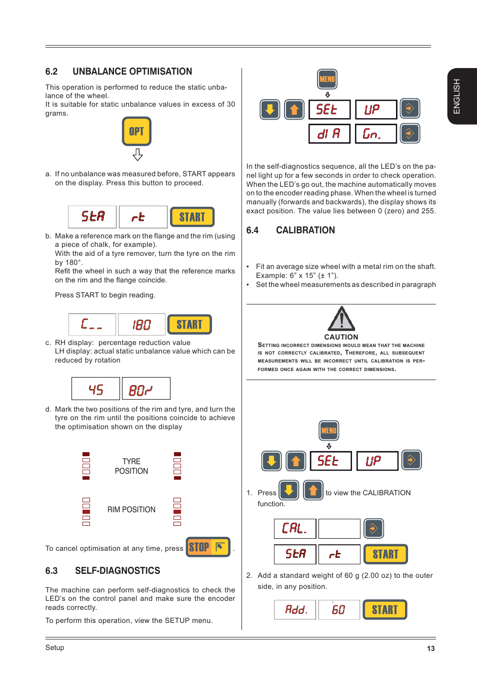 2 unbalance optimisation, 3 self-diagnostics, 4 calibration | English, Tyre position rim position | CEMB USA K11 User Manual User Manual | Page 13 / 20