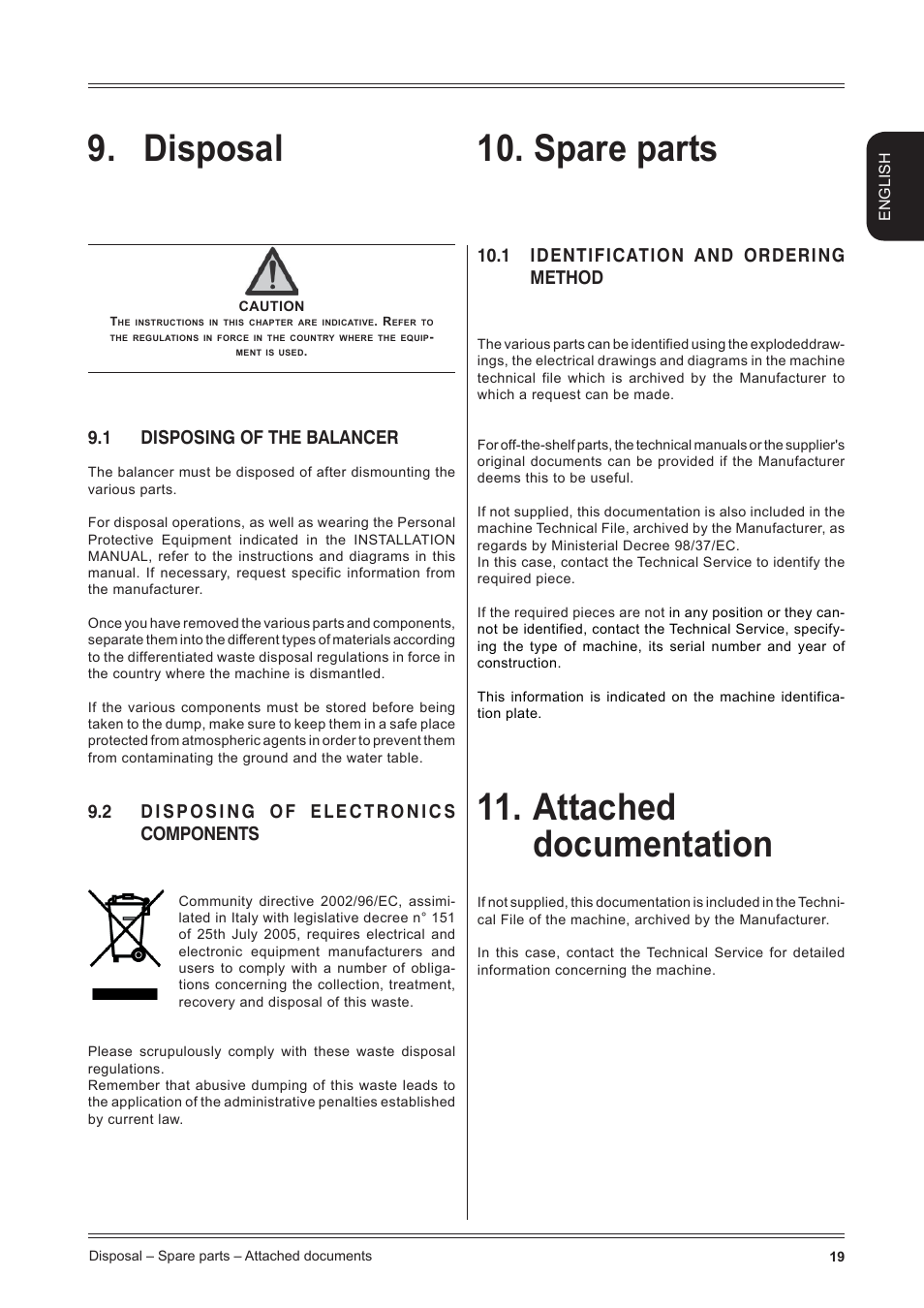 Disposal 10, Spare parts, Attached documentation | 1 disposing of the balancer, 1 identification and ordering method | CEMB USA K11 User Manual User Manual | Page 19 / 20