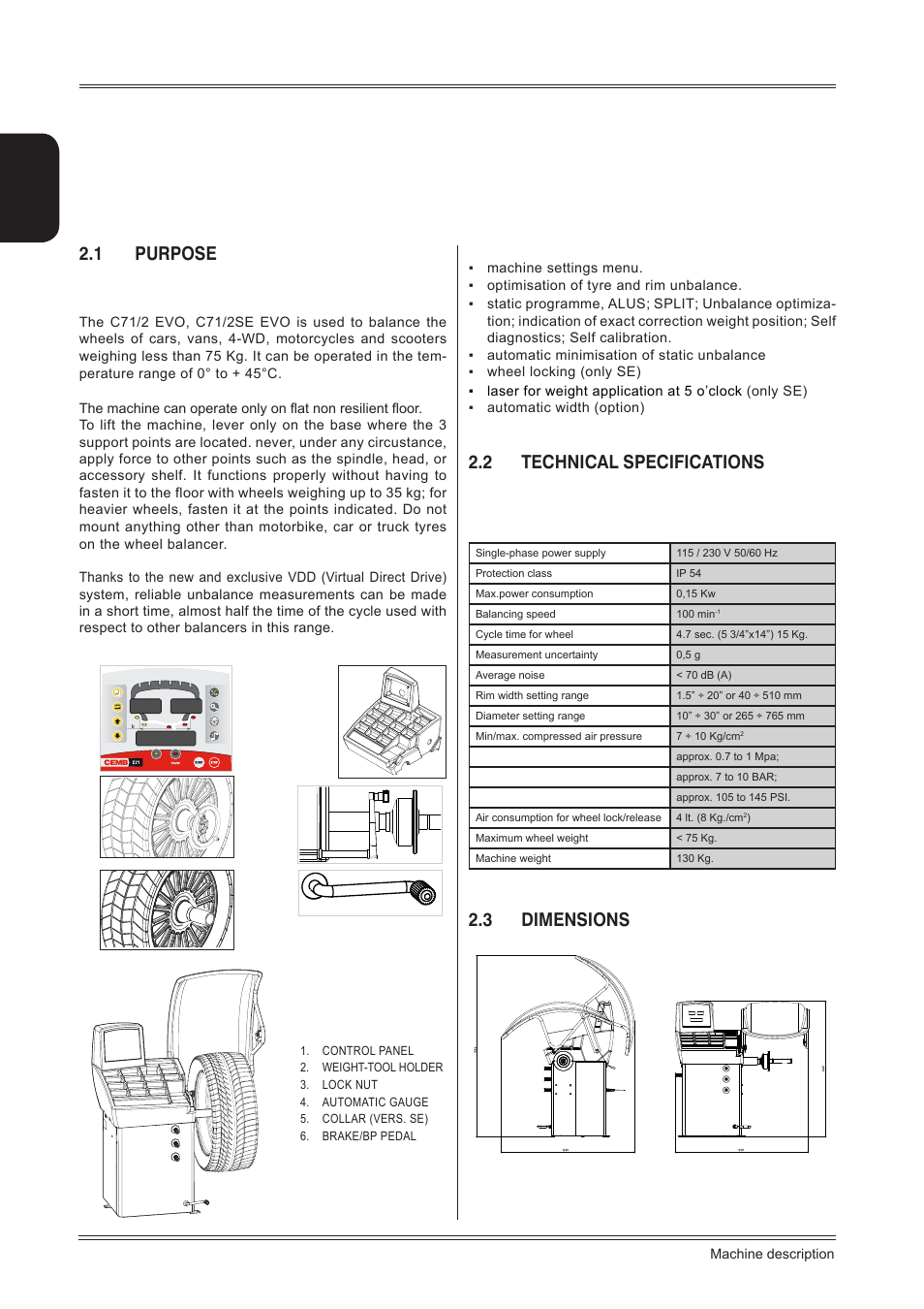 Machine description, 1 purpose, 2 technical specifications | 3 dimensions | CEMB USA C71_2 SE evo (B) User Manual | Page 6 / 24