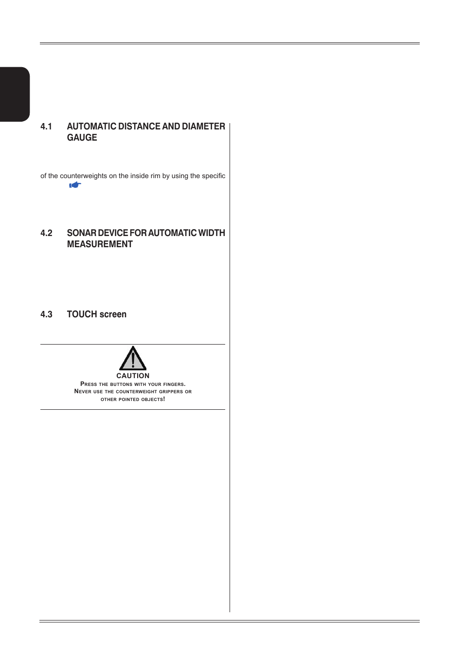 Control panel and components, 1 automatic distance and diameter gauge, 2 sonar device for automatic width measurement | 3 touch screen | CEMB USA ER85 (A) User Manual | Page 10 / 28