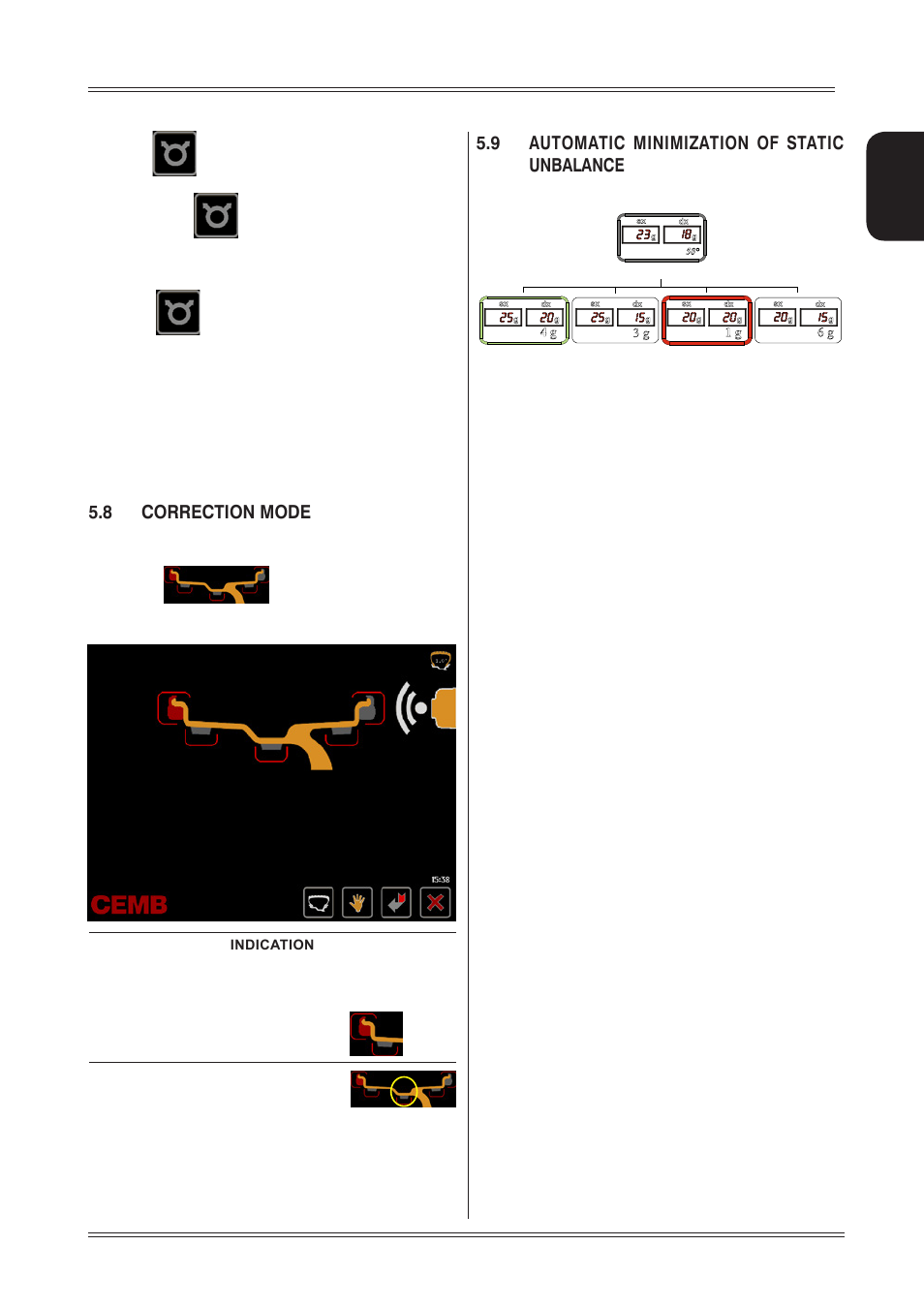 8 correction mode, 9 automatic minimization of static unbalance, English | CEMB USA ER85 (A) User Manual | Page 15 / 28