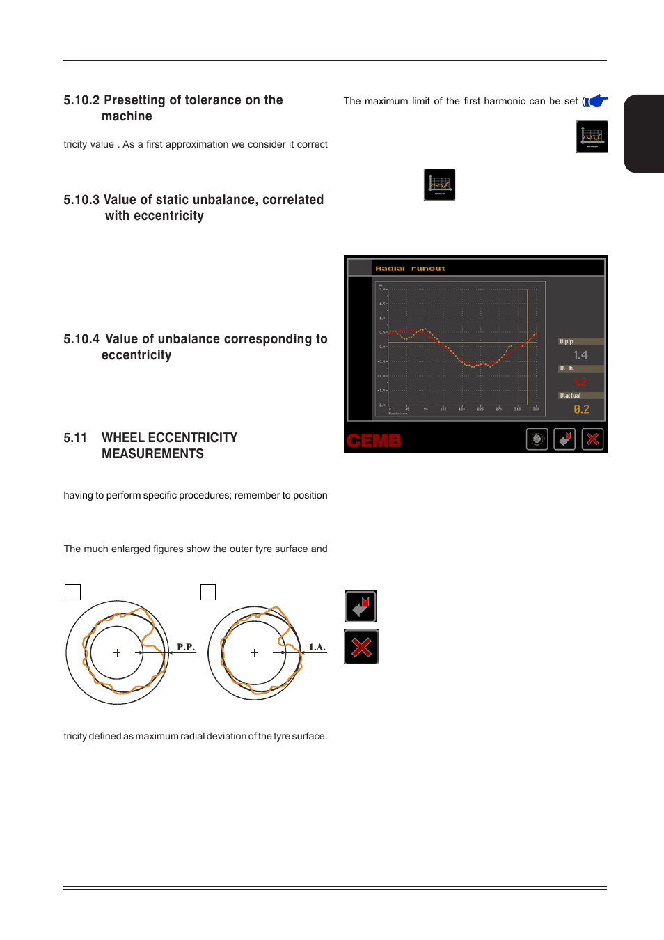 2 presetting of tolerance on the, 4 value of unbalance corresponding to eccentricity, 11 wheel eccentricity measurements | 2 presetting of tolerance on the machine | CEMB USA ER85 (A) User Manual | Page 17 / 28