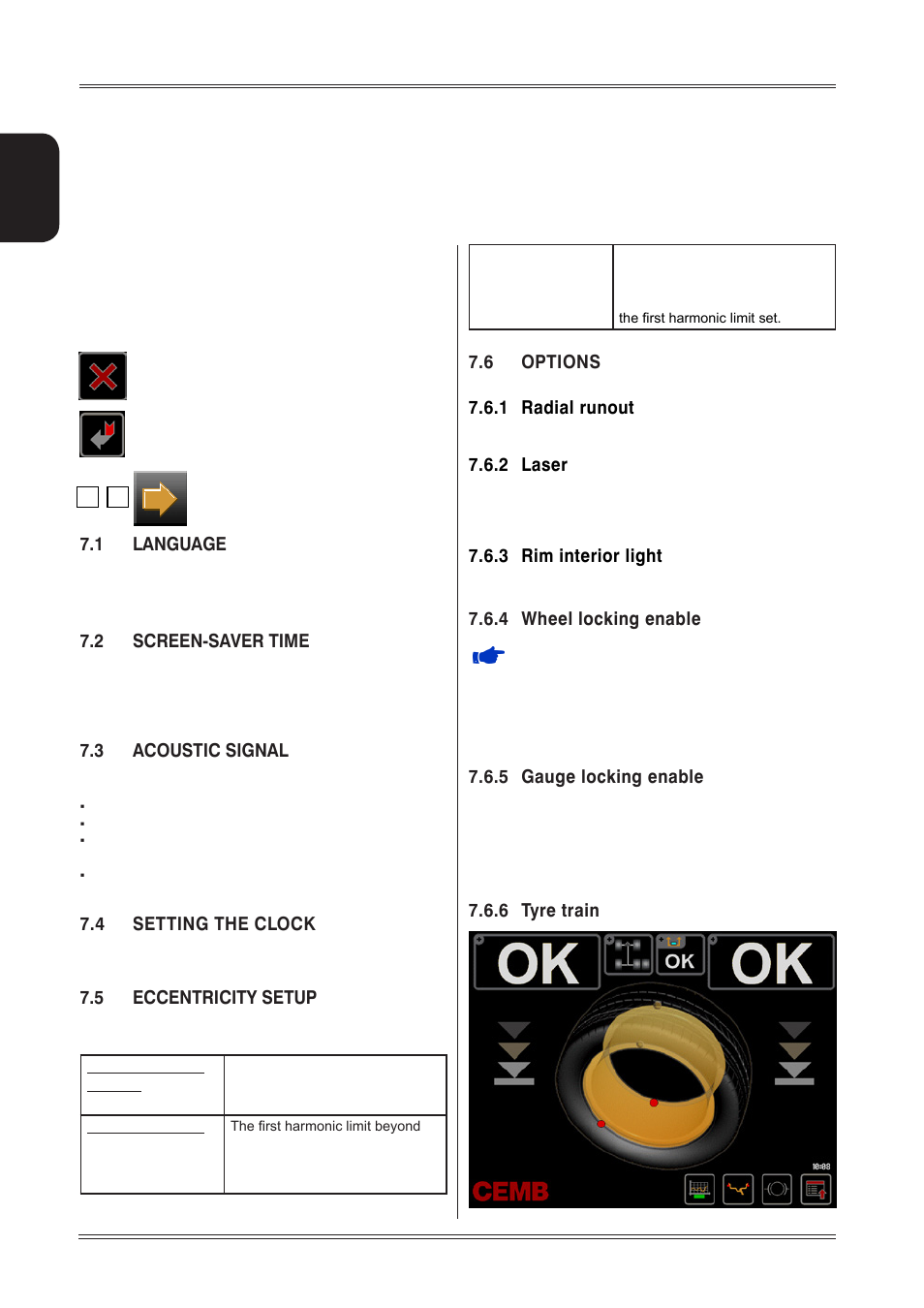 Setup, 1 language, 2 screen-saver time | 3 acoustic signal, 4 setting the clock, 5 eccentricity setup, Options, 1 radial runout, 2 laser, 3 rim interior light | CEMB USA ER85 (A) User Manual | Page 22 / 28