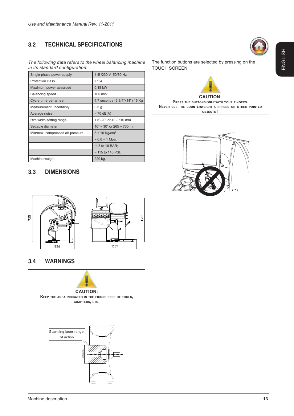 2 technical specifications, 3 dimensions and weights, 4 warnings | 3 dimensions 3.4 warnings, English | CEMB USA ER100 User Manual | Page 13 / 80