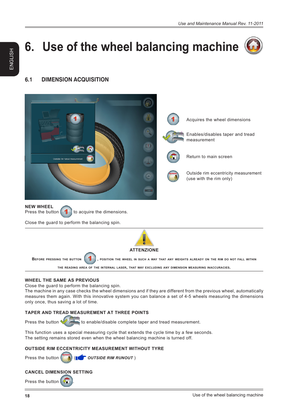 Use of the wheel balancing machine, 1 dimension acquisition, English | CEMB USA ER100 User Manual | Page 18 / 80
