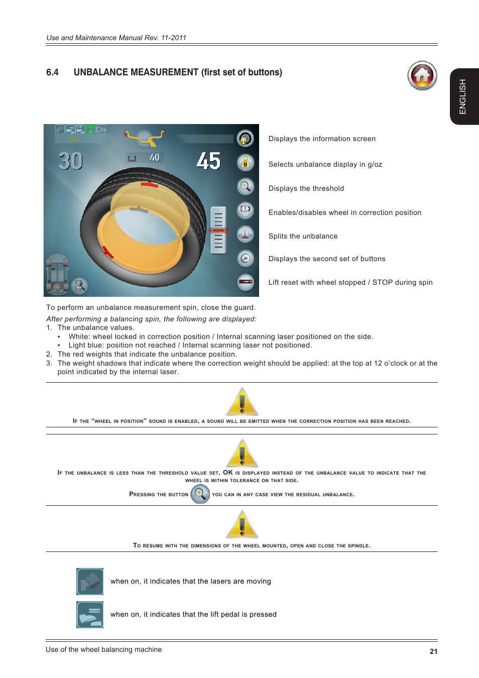 4 unbalance measurement (first set of buttons), 1 lock/release wheel in correction position, English | CEMB USA ER100 User Manual | Page 21 / 80