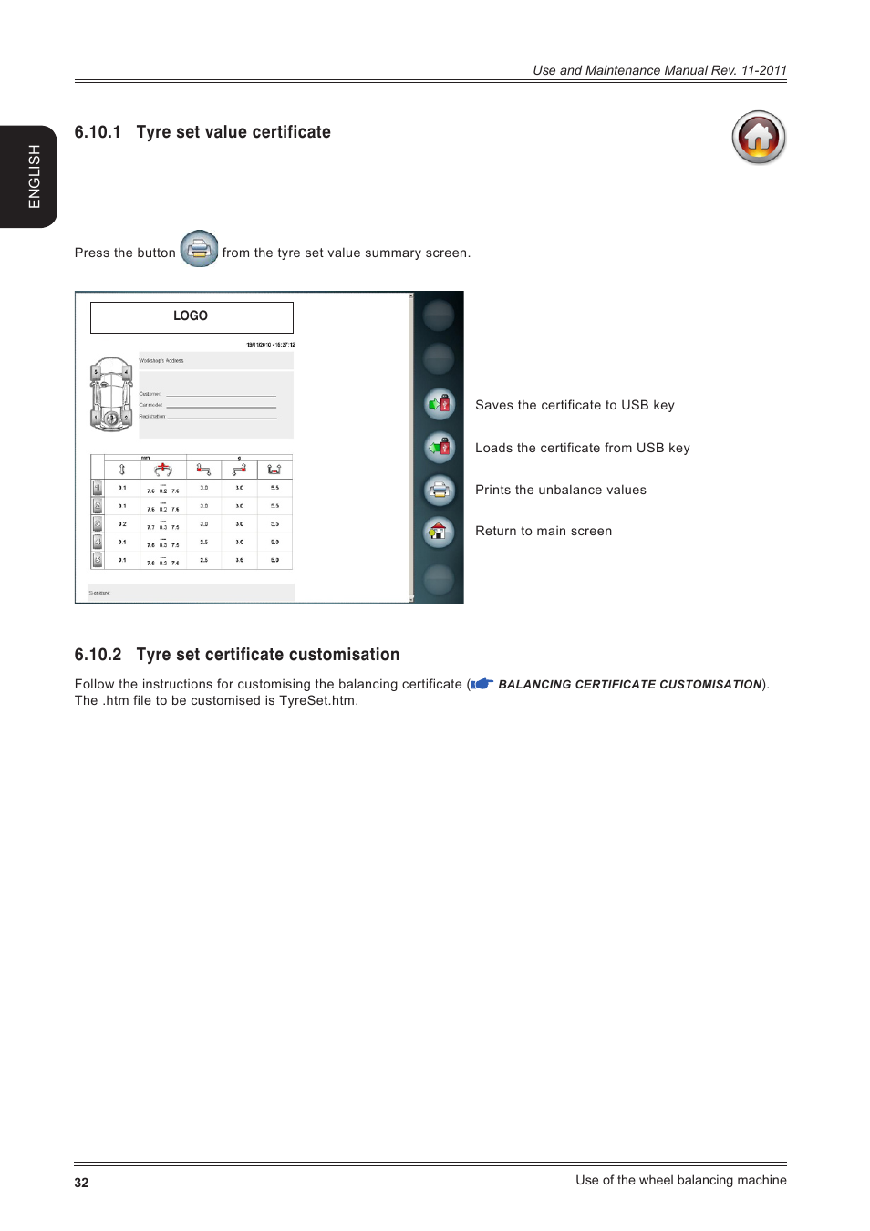 1 tyre set value certificate, 2 tyre set certificate customisation | CEMB USA ER100 User Manual | Page 32 / 80