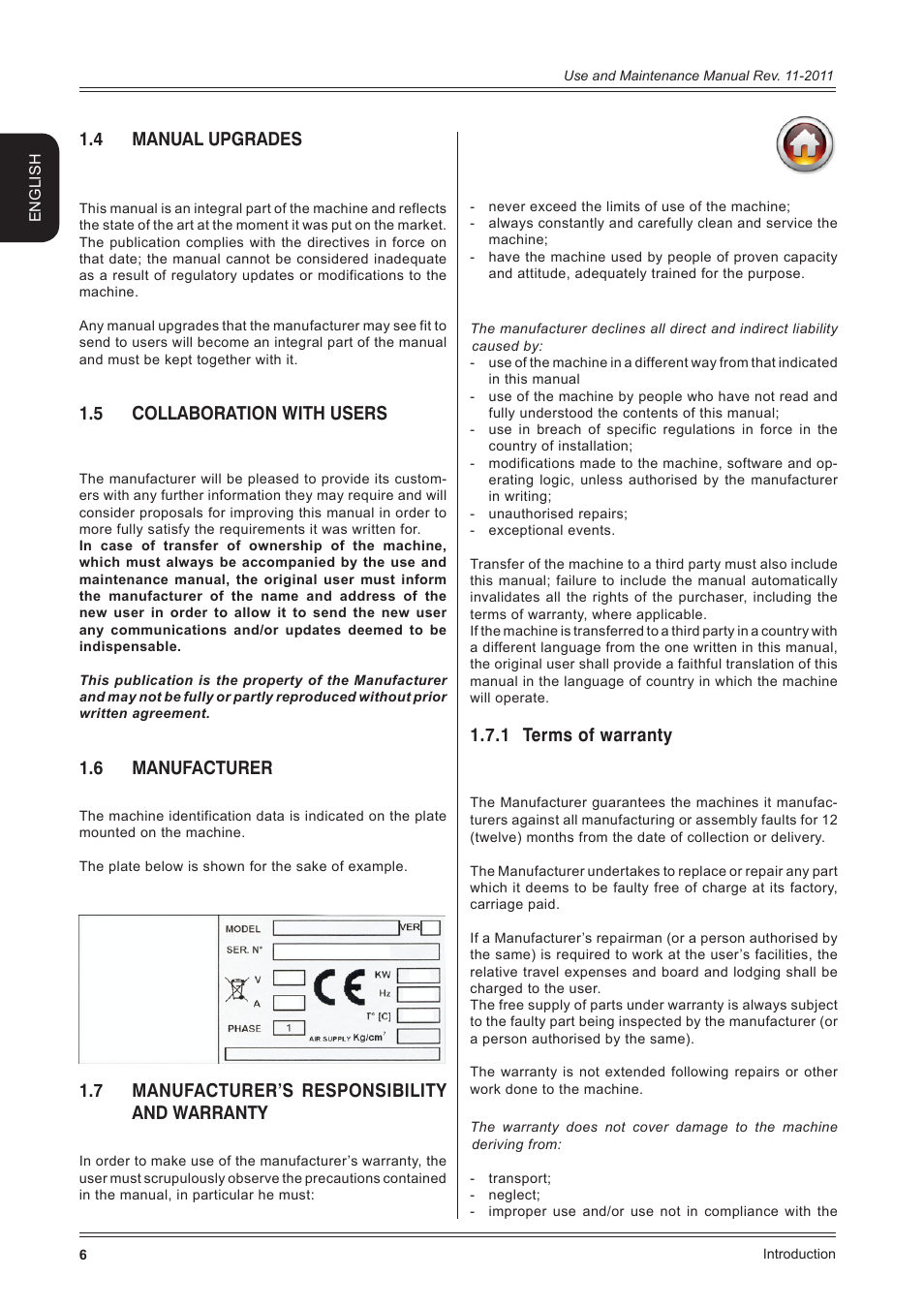 4 manual upgrades, 5 collaboration with users, 6 manufacturer | 7 manufacturer’s responsibility and warranty, 1 terms of warranty | CEMB USA ER100 User Manual | Page 6 / 80