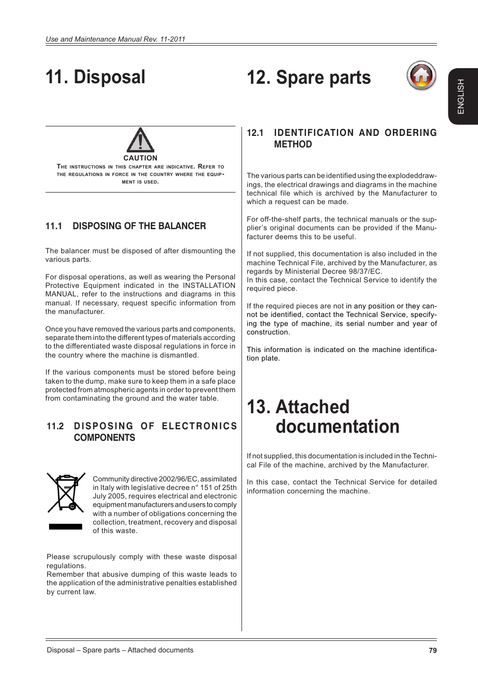 Disposal, 1 disposing of the balancer, 2 disposing of electronics components | Spare parts, 1 identification and ordering method, Attached documentation | CEMB USA ER100 User Manual | Page 79 / 80