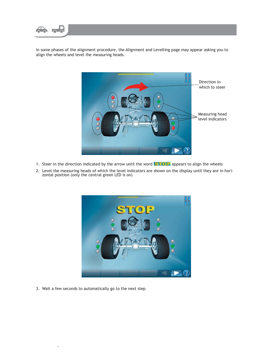 Wheel alignment and measuring head levelling | CEMB USA DWA 1000XLB User Manual | Page 47 / 65