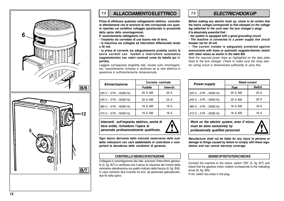 Electric hook up, B/6 allacciamento elettrico, B/7 12 5 | CEMB USA SM56T User Manual | Page 12 / 70