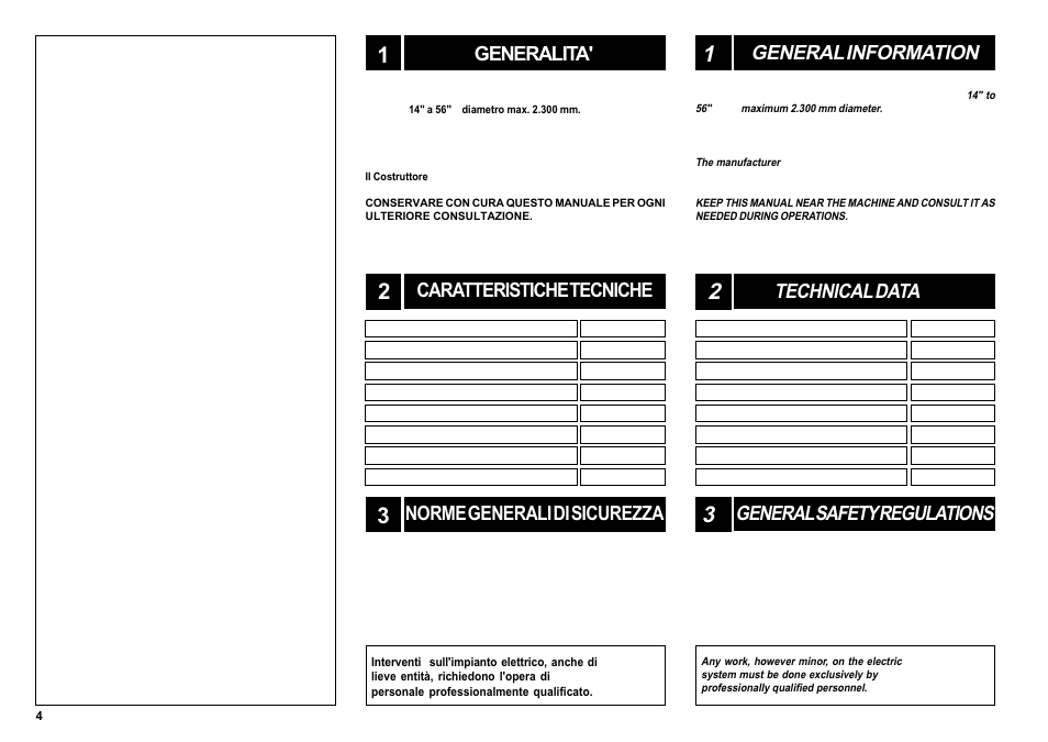 Generalita, General information, Norme generali di sicurezza | Caratteristiche tecniche, Technical data, General safety regulations | CEMB USA SM56T User Manual | Page 4 / 70
