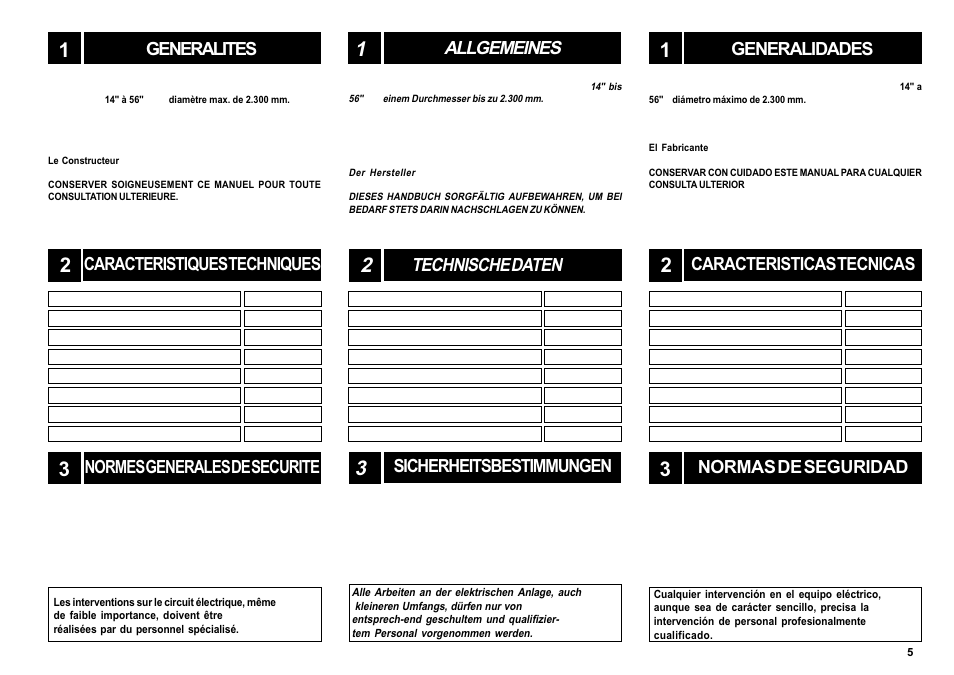 Allgemeines, Generalidades, Sicherheitsbestimmungen | Technische daten, Normas de seguridad, Caracteristicas tecnicas, Generalites | CEMB USA SM56T User Manual | Page 5 / 70