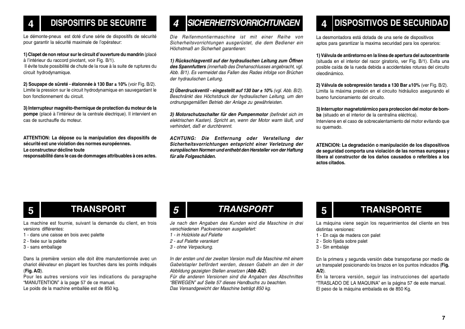 Sicherheitsvorrichtungen, Dispositivos de securidad, Transport | Transporte, Dispositifs de securite | CEMB USA SM56T User Manual | Page 7 / 70