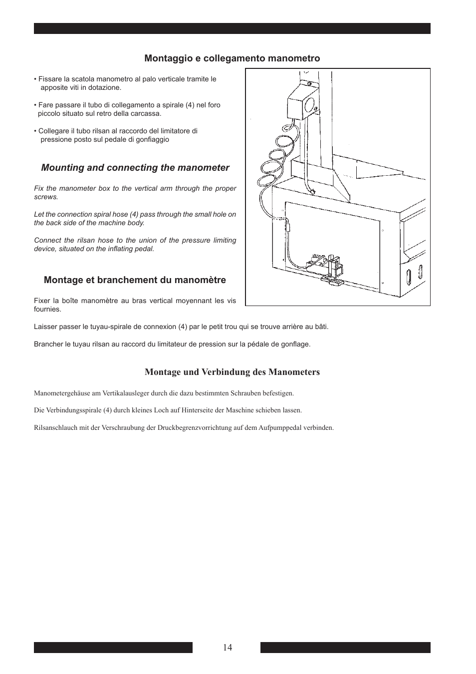 14 montaggio e collegamento manometro, Mounting and connecting the manometer, Montage et branchement du manomètre | Montage und verbindung des manometers | CEMB USA SM915 Maxi User Manual | Page 16 / 50