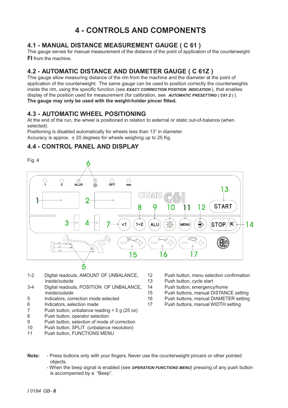 4 - controls and components, 1 - manual distance measurement gauge ( c 61 ), 3 - automatic wheel positioning | 4 - control panel and display | CEMB USA C61 (D) User Manual | Page 6 / 20