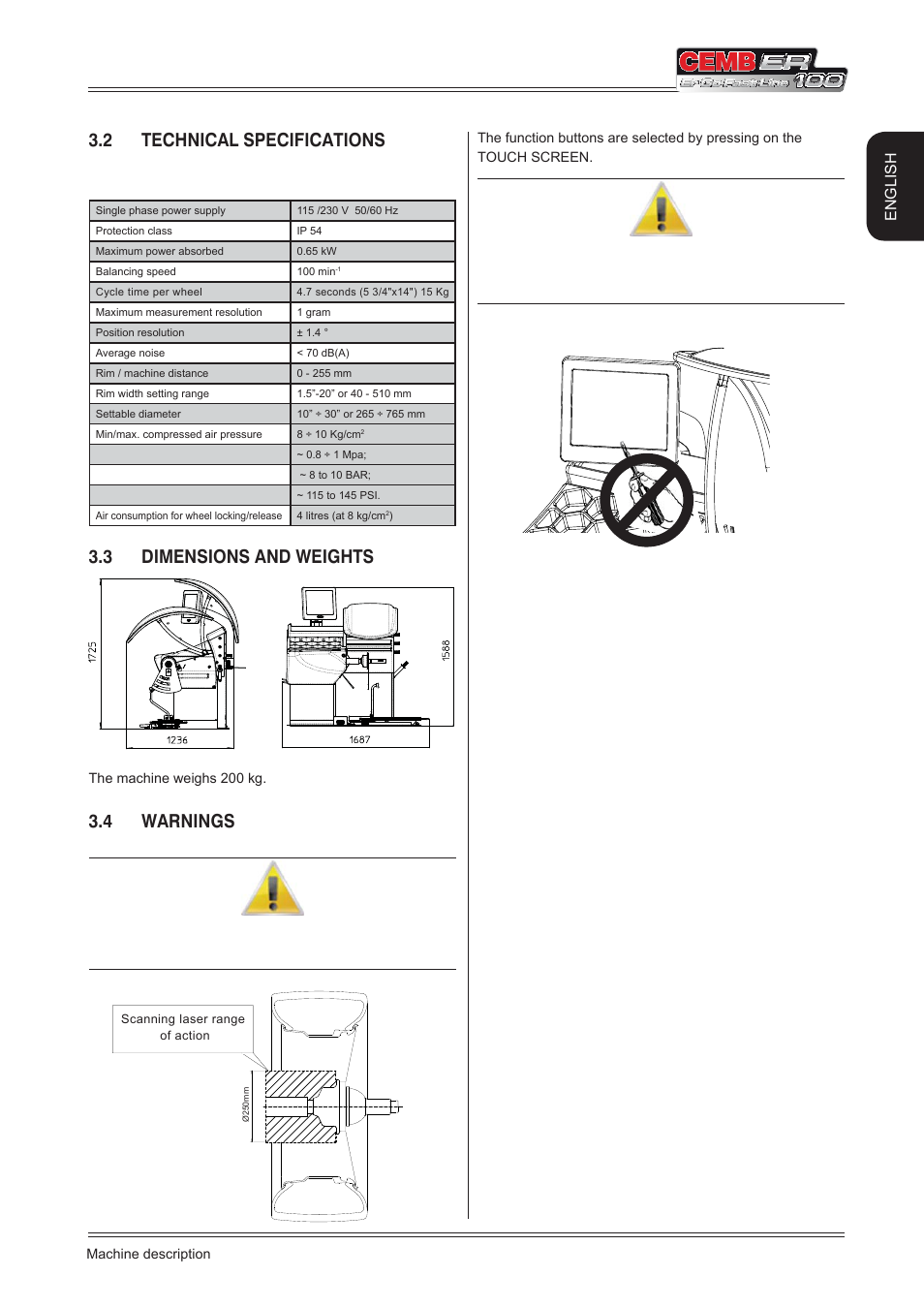 2 technical specifications, 3 dimensions and weights, 4 warnings | English | CEMB USA ER100 (A) User Manual | Page 11 / 72