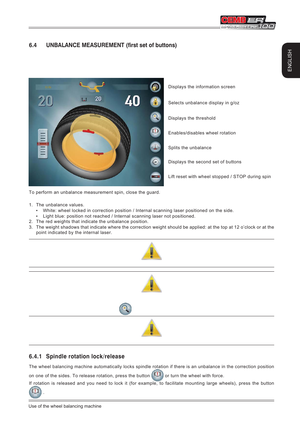 4 unbalance measurement (first set of buttons), 1 spindle rotation lock/release, English | CEMB USA ER100 (A) User Manual | Page 19 / 72
