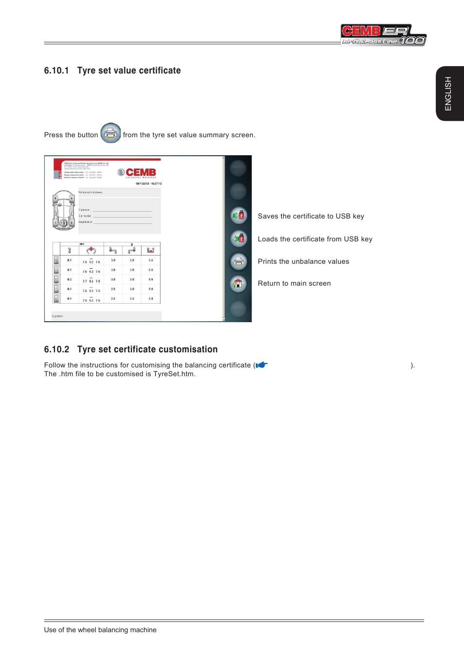 1 tyre set value certificate, 2 tyre set certificate customisation | CEMB USA ER100 (A) User Manual | Page 29 / 72