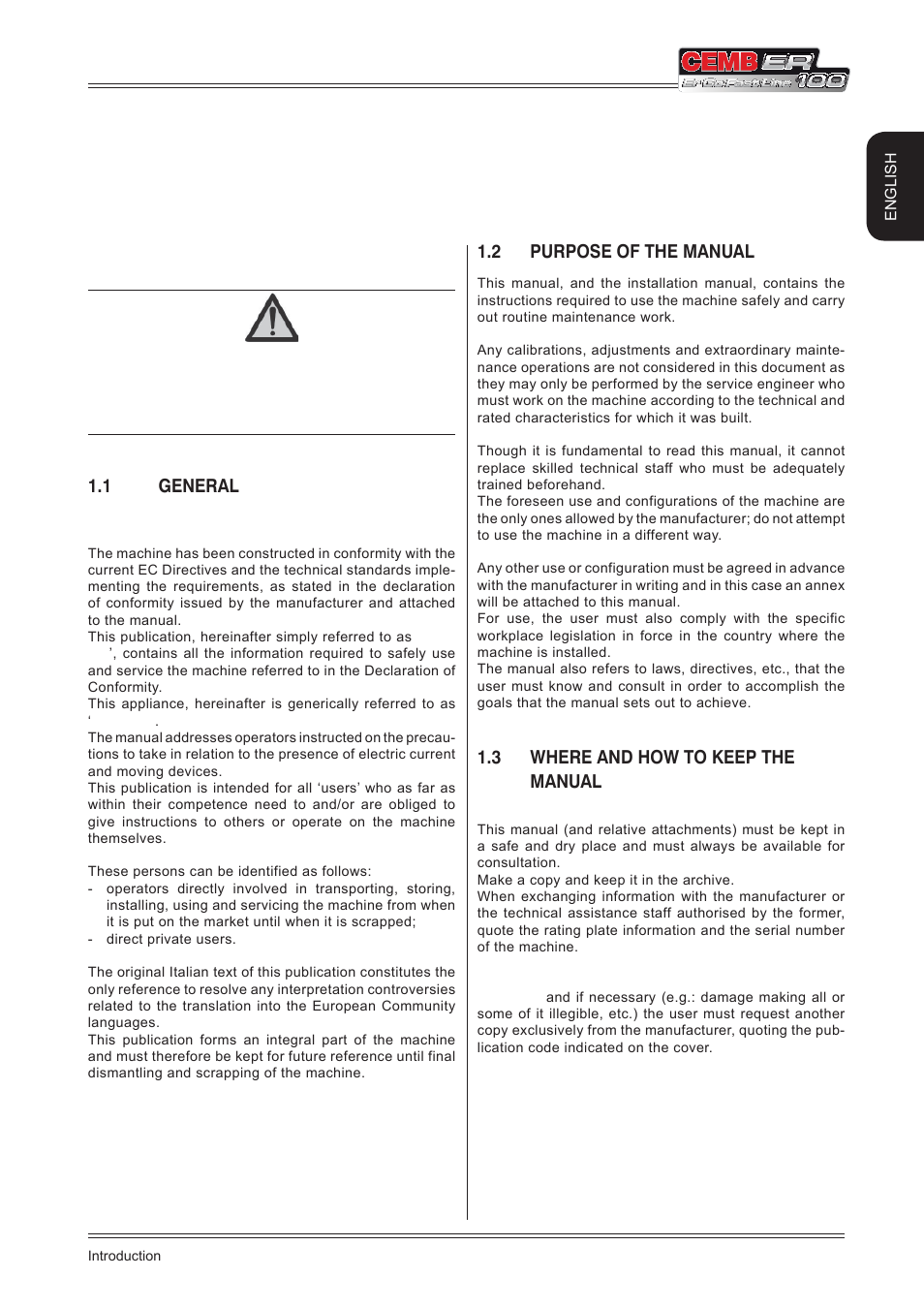 Foreword, 1 general, 2 purpose of the manual | 3 where and how to keep the manual, English | CEMB USA ER100 (A) User Manual | Page 3 / 72