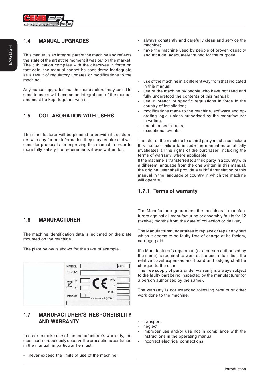 4 manual upgrades, 5 collaboration with users, 6 manufacturer | 7 manufacturer’s responsibility and warranty, 1 terms of warranty | CEMB USA ER100 (A) User Manual | Page 4 / 72