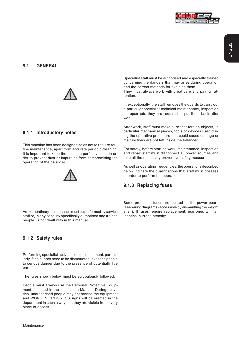 Maintenance, 1 general, 2 safety rules | 3 replacing fuses, English | CEMB USA ER100 (A) User Manual | Page 71 / 72
