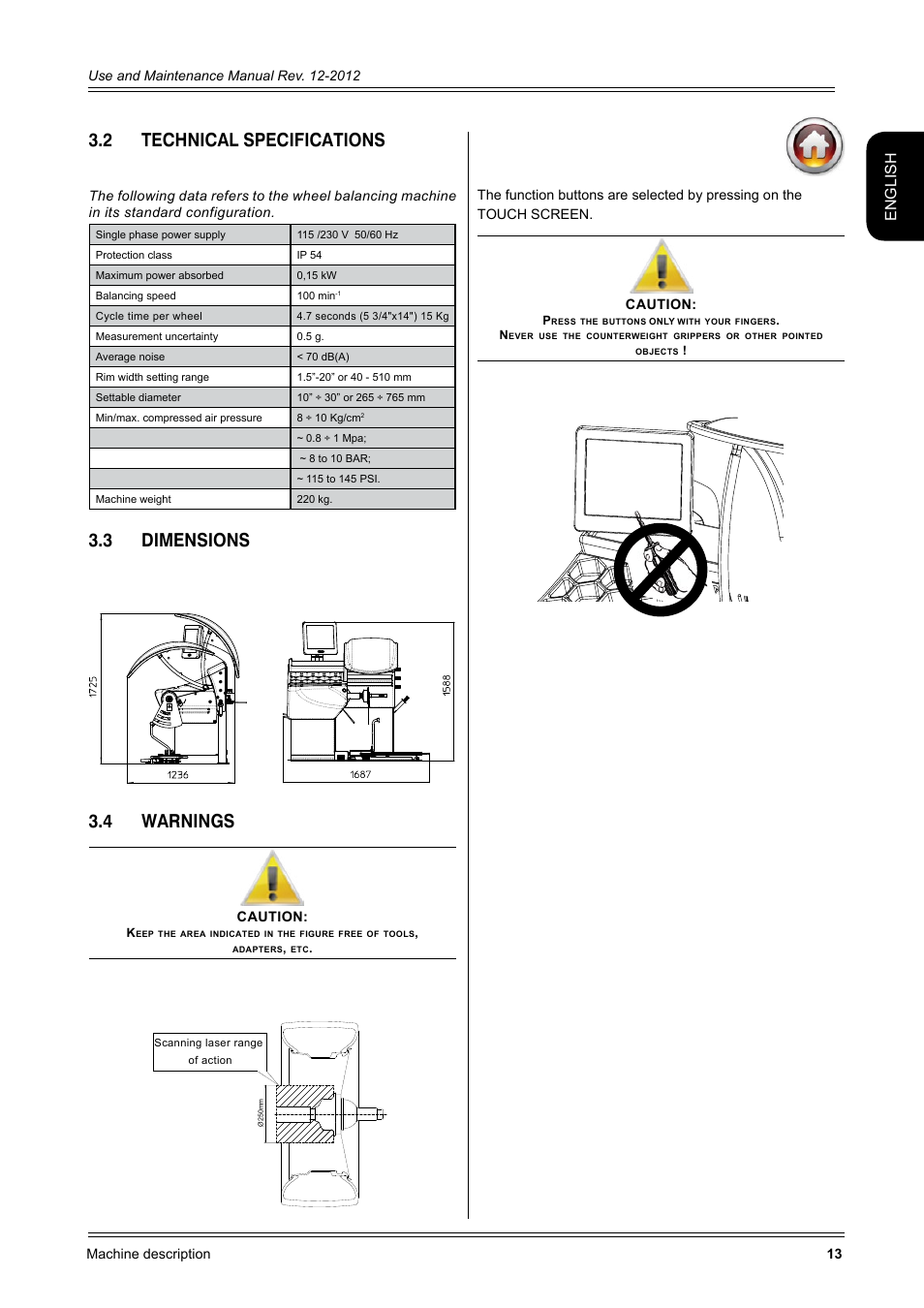 2 technical specifications, 3 dimensions 13, 4 warnings 13 | 3 dimensions 3.4 warnings, English | CEMB USA ER100-i (B) User Manual | Page 13 / 86