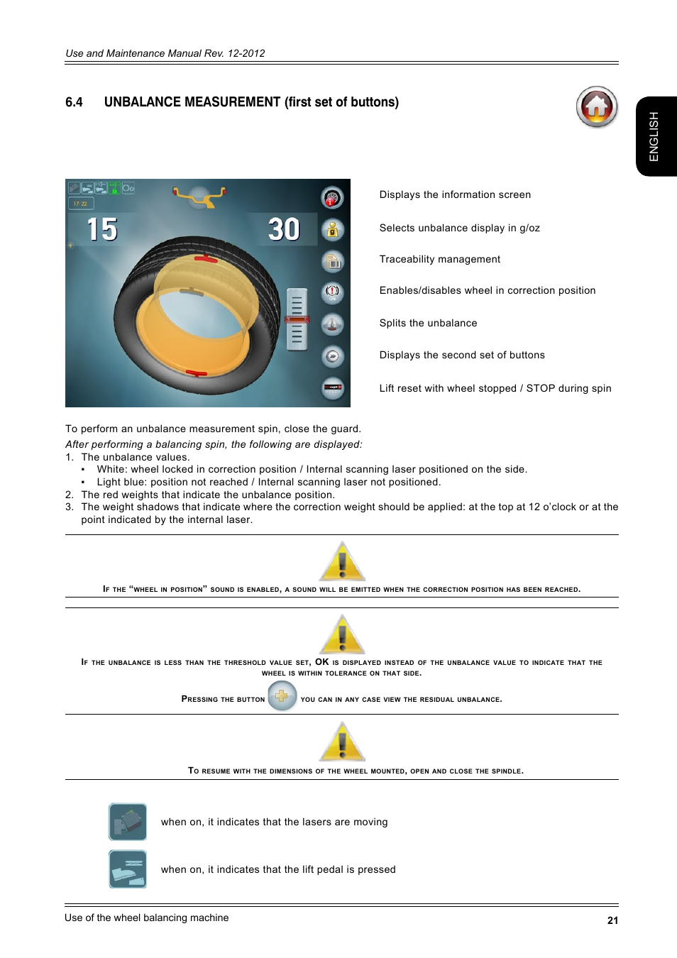 4 unbalance measurement (first set of buttons), English | CEMB USA ER100-i (B) User Manual | Page 21 / 86