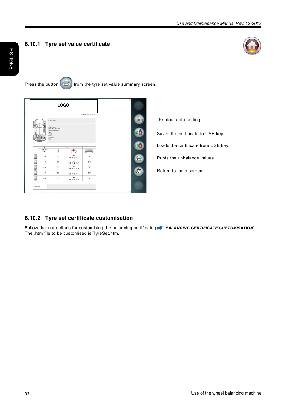 1 tyre set value certificate, 2 tyre set certificate customisation | CEMB USA ER100-i (B) User Manual | Page 32 / 86