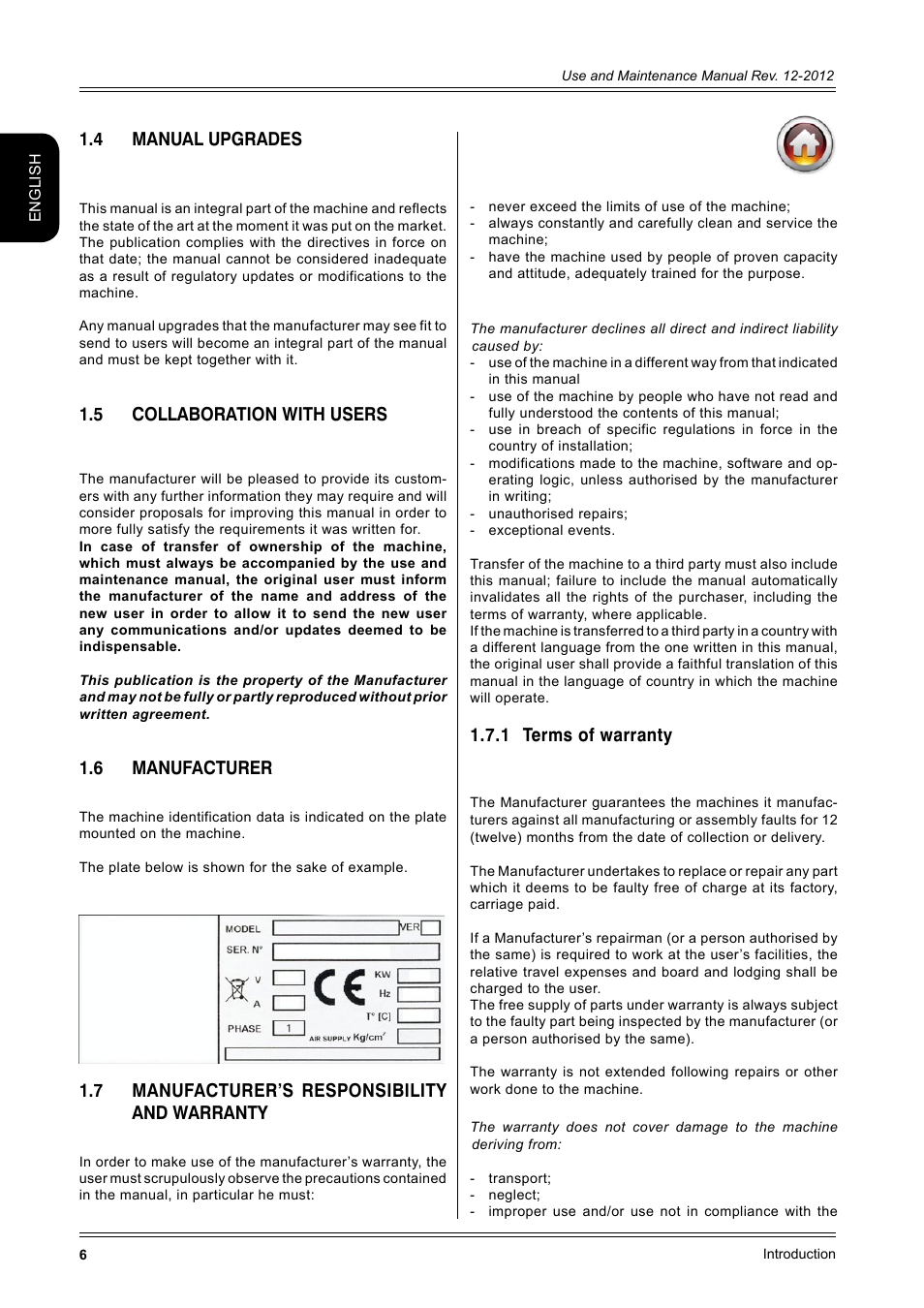4 manual upgrades, 5 collaboration with users, 6 manufacturer | 7 manufacturer’s responsibility and warranty, 1 terms of warranty | CEMB USA ER100-i (B) User Manual | Page 6 / 86
