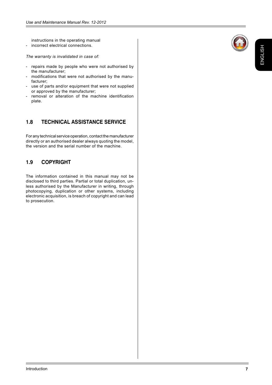 8 technical assistance service, 9 copyright | CEMB USA ER100-i (B) User Manual | Page 7 / 86