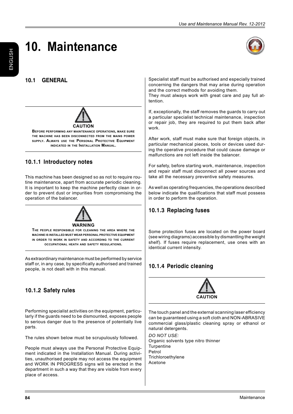 Maintenance, 1 general 8, 1 introductory notes | 2 safety rules, 3 replacing fuses, 4 periodic cleaning, 1 general, English | CEMB USA ER100-i (B) User Manual | Page 84 / 86