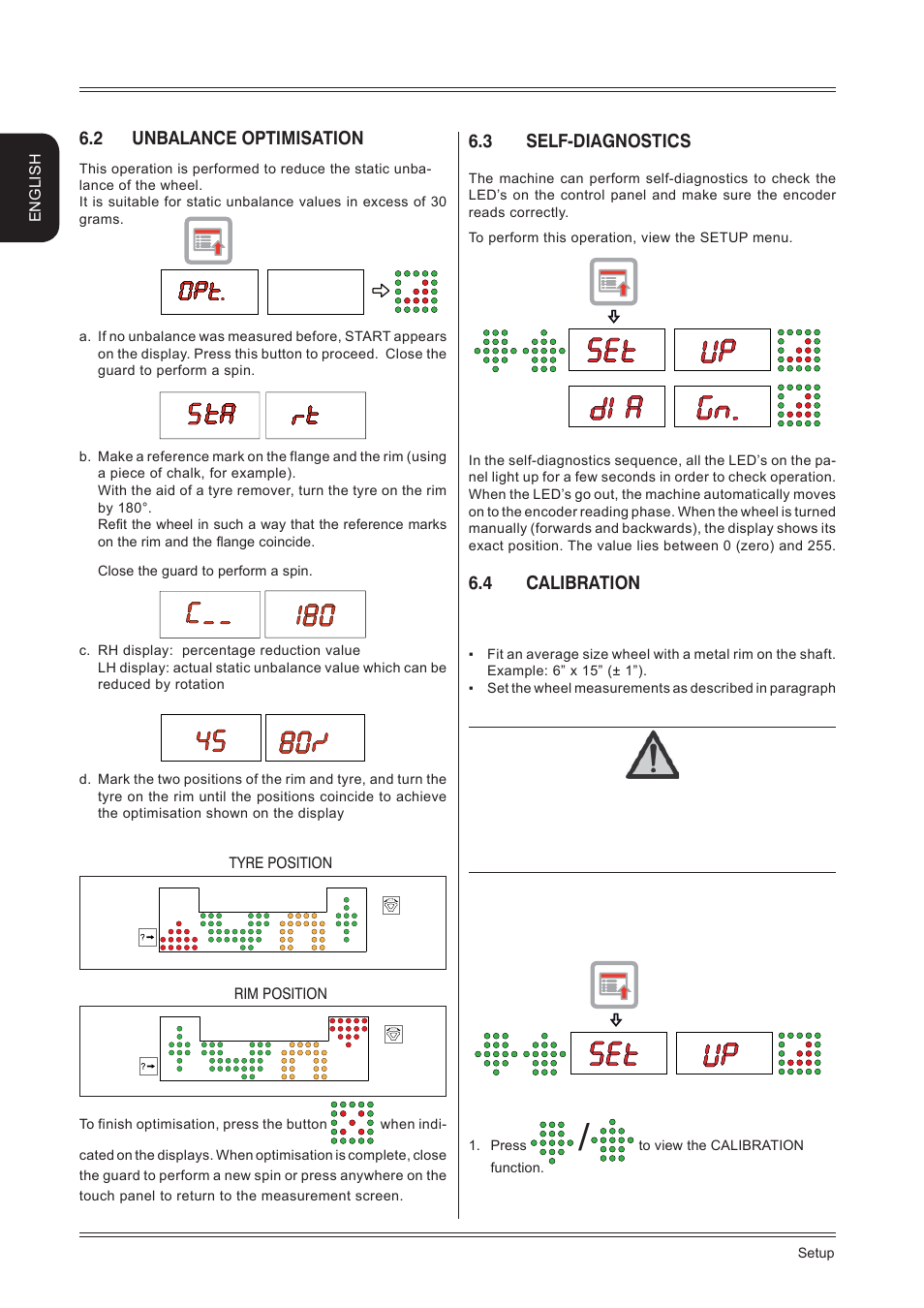 2 unbalance optimisation, 3 self-diagnostics, 4 calibration | English, Tyre position rim position | CEMB USA ER80 (A) User Manual | Page 16 / 24