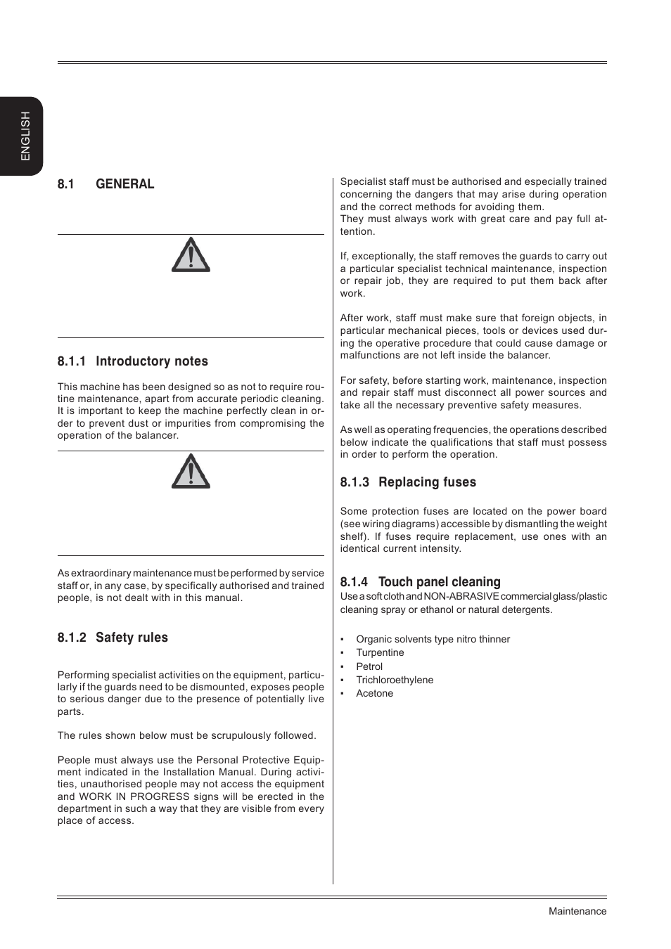 Maintenance, 1 general, 2 safety rules | 3 replacing fuses, 4 touch panel cleaning, English | CEMB USA ER80 (A) User Manual | Page 22 / 24