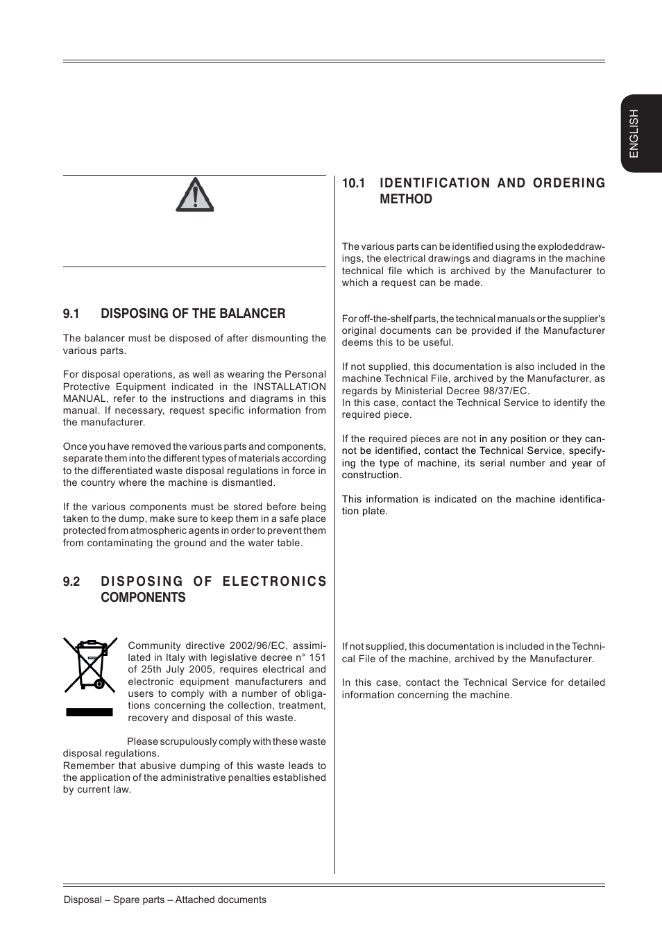 Disposal 10, Spare parts, Attached documentation | 1 disposing of the balancer, 1 identification and ordering method | CEMB USA ER80 (A) User Manual | Page 23 / 24