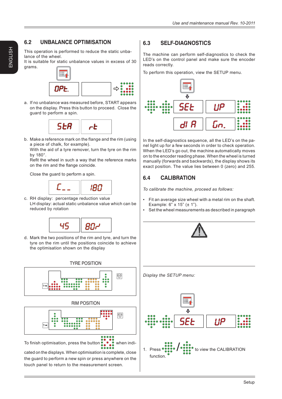 2 unbalance optimisation, 3 self-diagnostics, 4 calibration | English, Tyre position rim position | CEMB USA ER80 (B) User Manual | Page 16 / 24