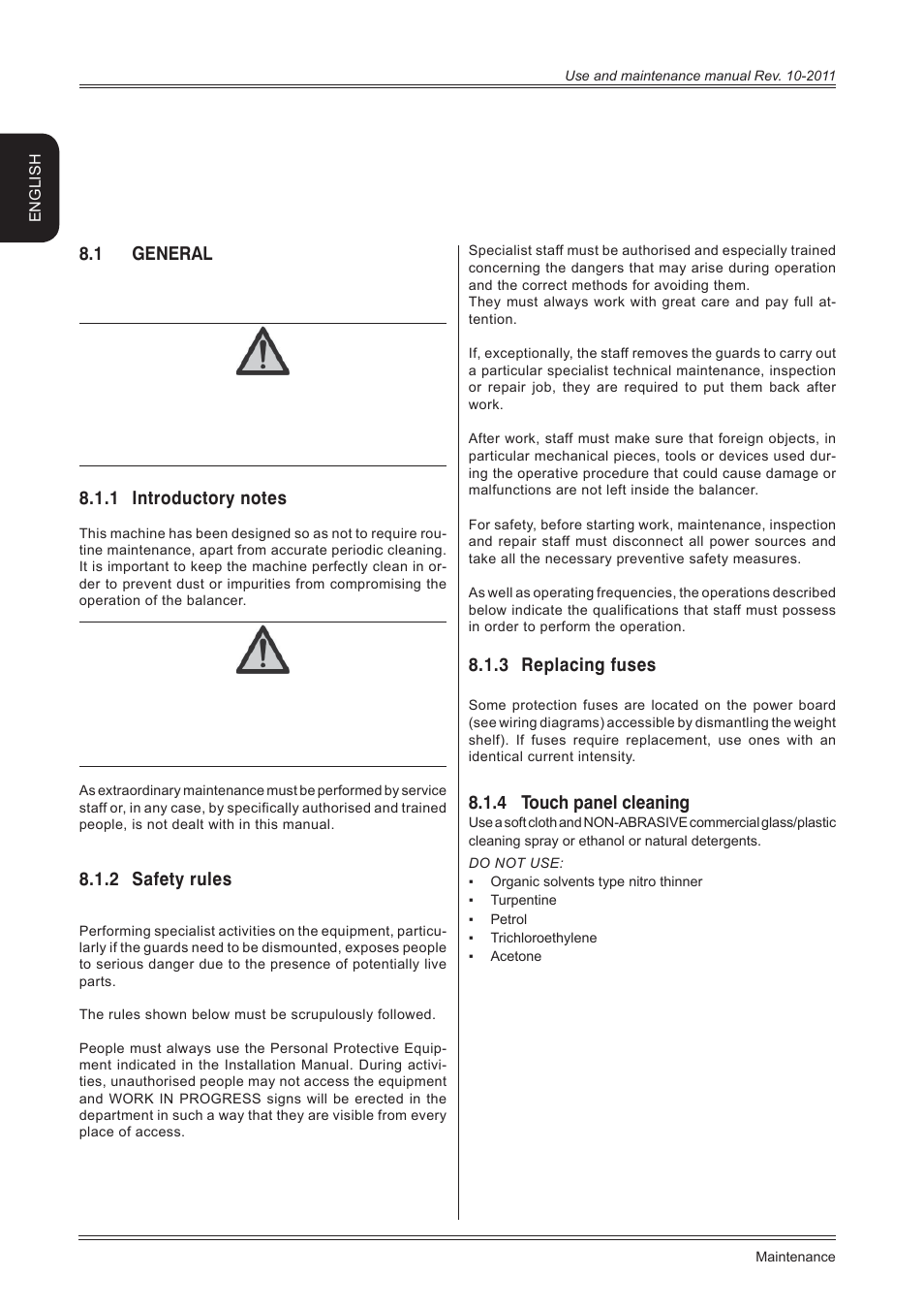 Maintenance, 1 general, 2 safety rules | 3 replacing fuses, 4 touch panel cleaning, English | CEMB USA ER80 (B) User Manual | Page 22 / 24